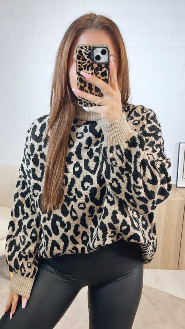 LEO Strick Pullover mit Stehkragen / camel - schwarz Art. 12631