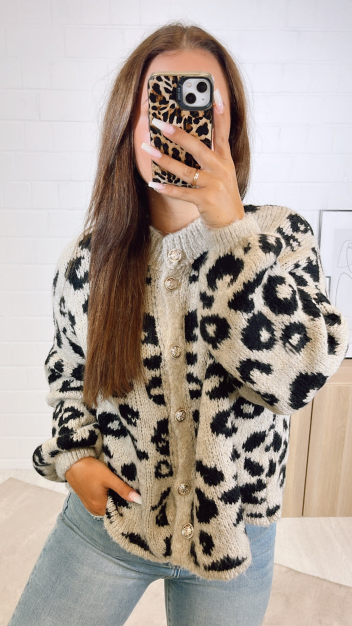 LEO Strick Cardigan mit golden Knöpfen / beige - schwarz Art. 11036