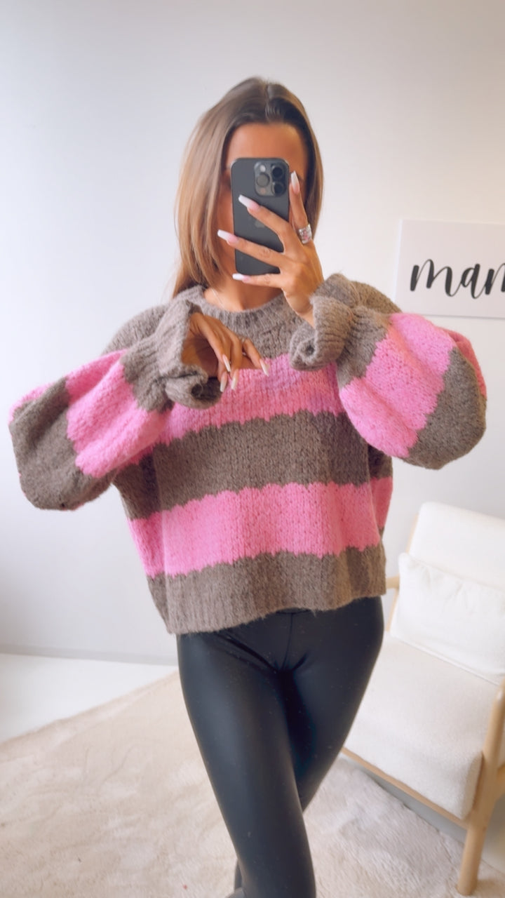 STREIFEN schlichter Strick Pullover mit abgesetztem Ausschnitt, Volantärmel / braun meliert - pink Art. 12699