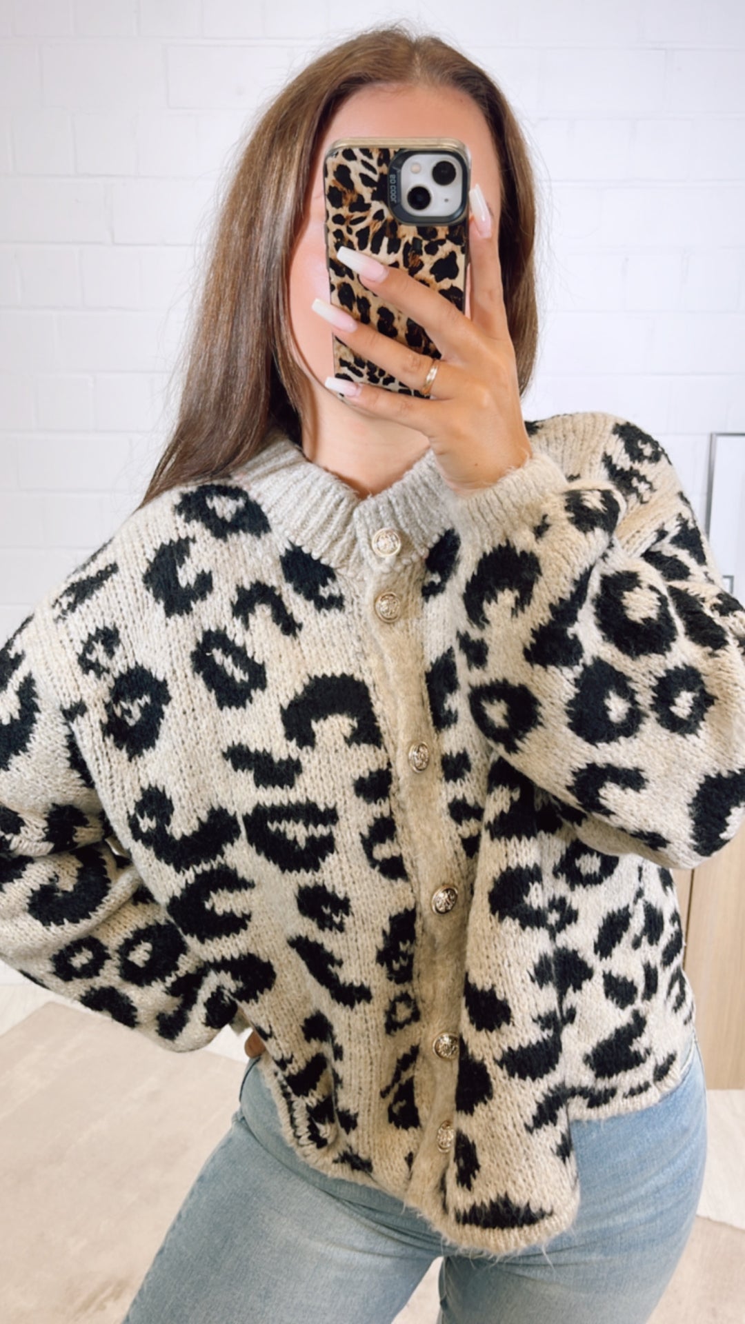 LEO Strick Cardigan mit golden Knöpfen / beige - schwarz Art. 11036