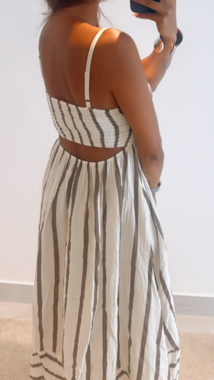 RÜCKEN CUT - OUT (Maxi-) Musselin Kleid / creme - taupe Art. 10937