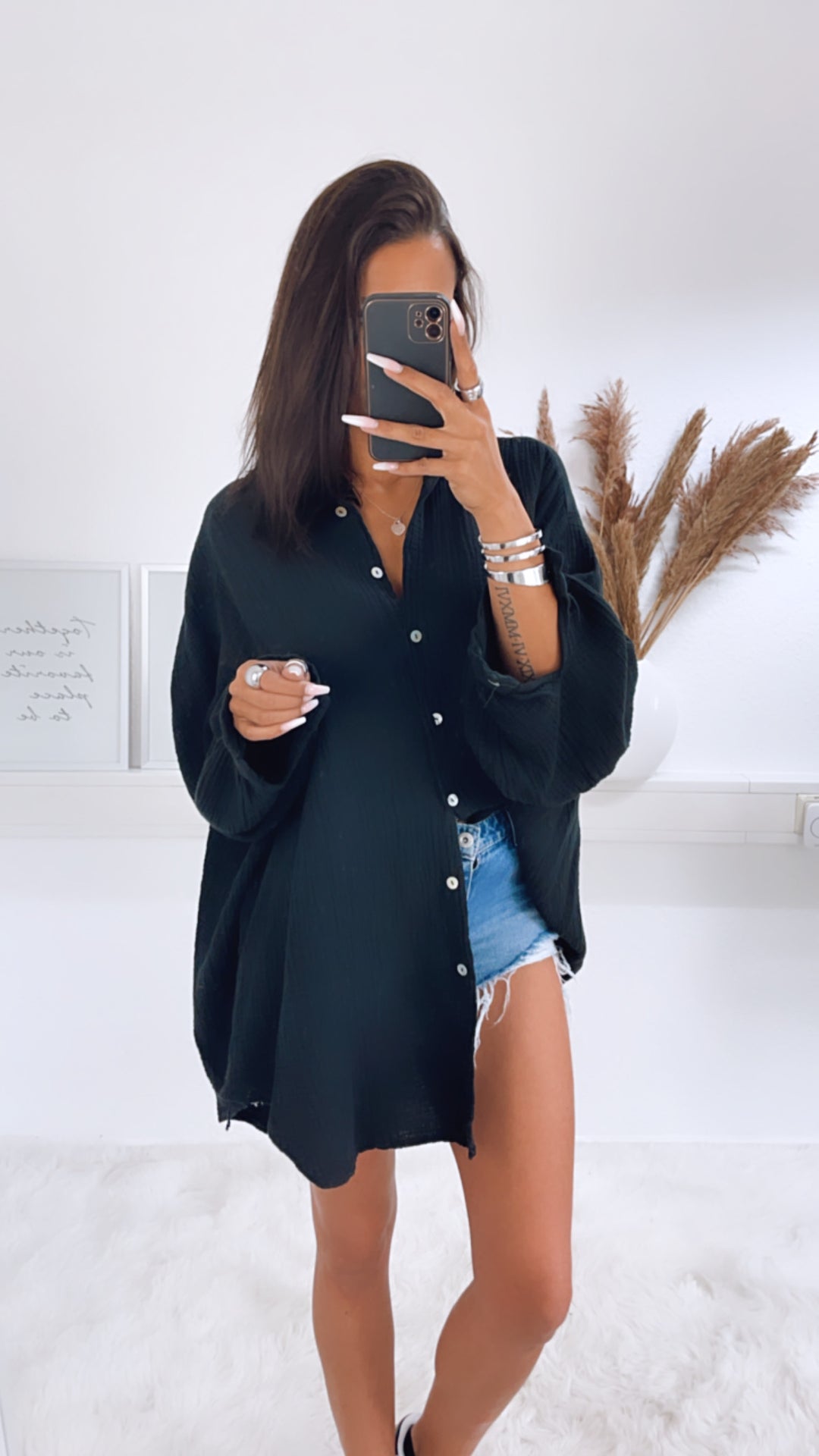 LANGE Oversize Musselin Bluse / schwarz Art. 0865