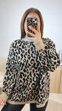 LEO Strick Pullover mit Stehkragen / camel - schwarz Art. 12631