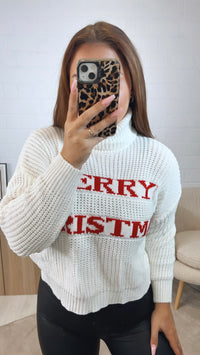 leichter Rollkragen Pullover "Merry Christmas" / weiss - rot Art. 12627