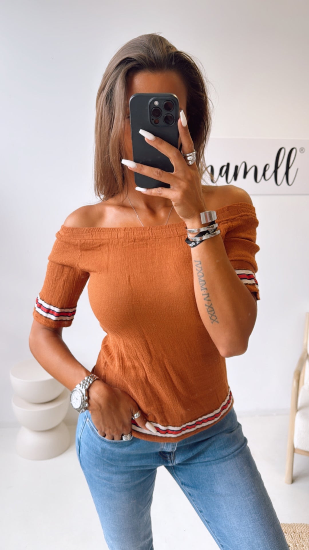 Off - Shoulder Baumwoll Oberteil, Streifen / rost Art. 10524