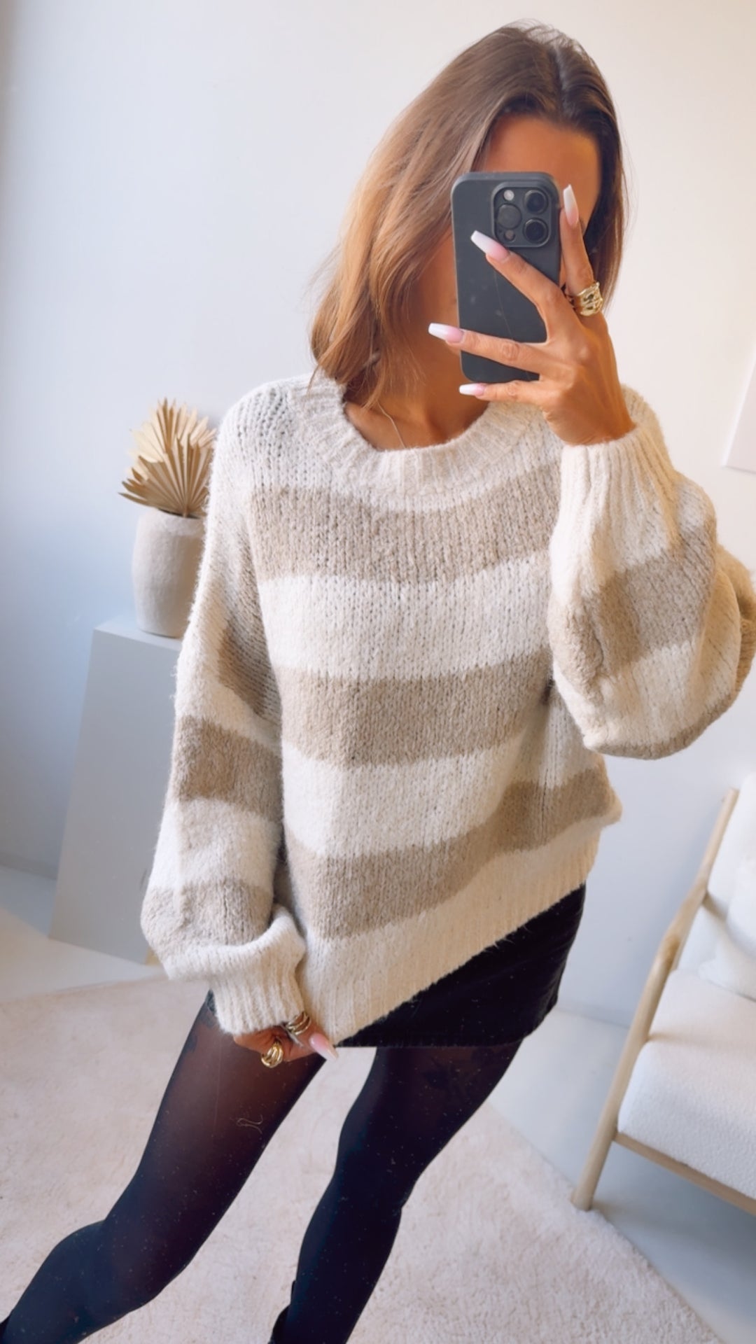 STREIFEN Strick Pullover mit abgesetztem Ausschnitt / beige - creme Art. 12778 KHX