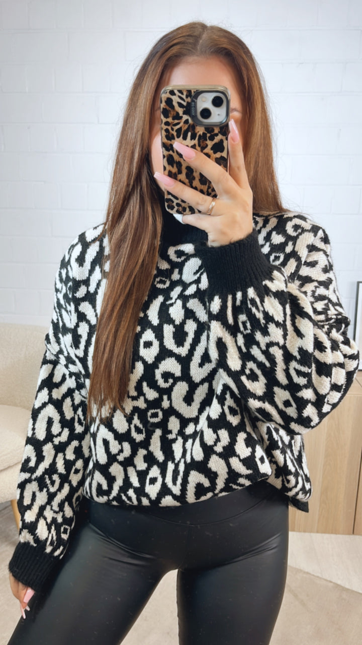 LEO Strick Pullover mit Stehkragen / schwarz - weiss Art. 12630
