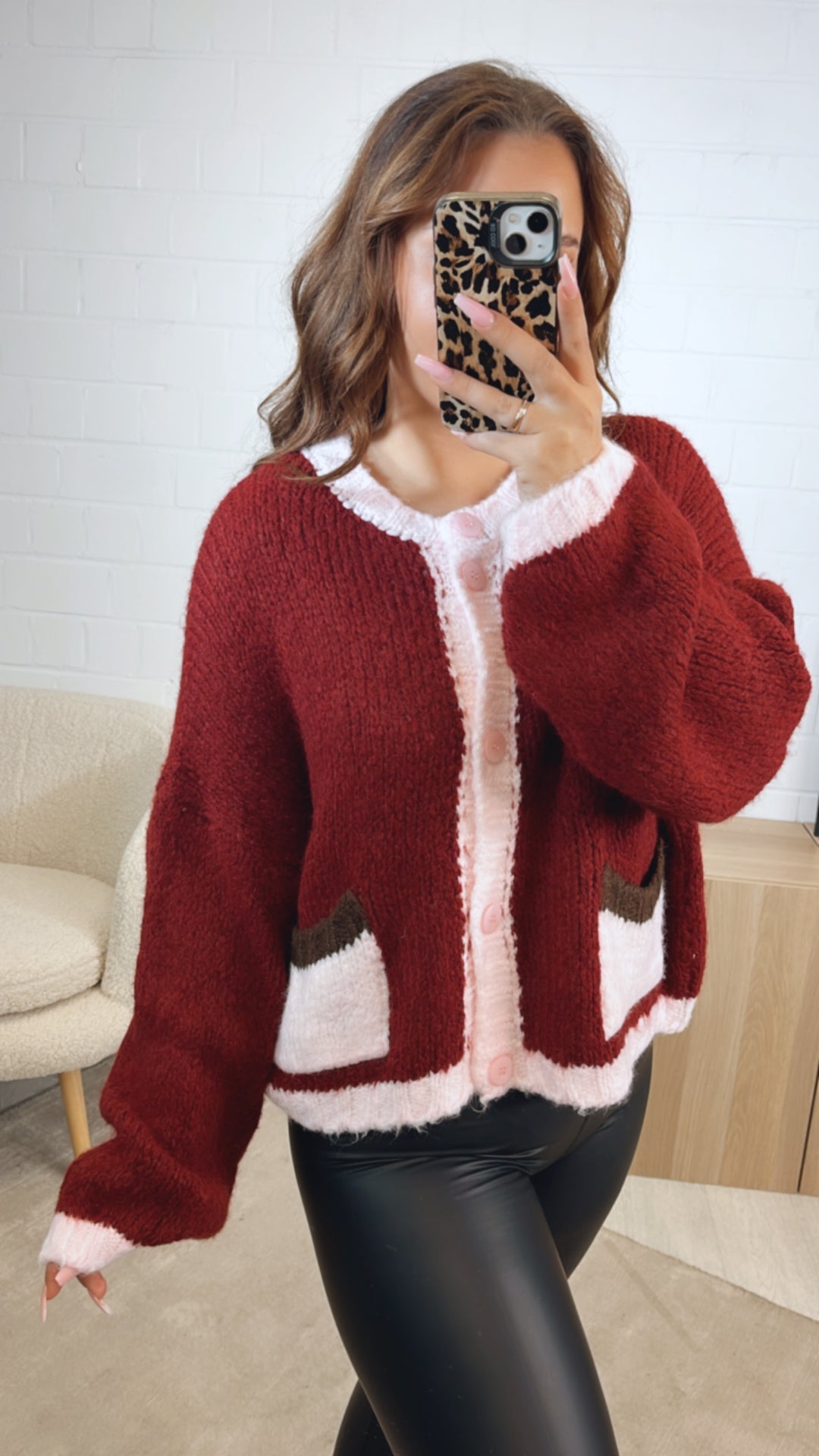 TASCHEN dreifarbiger Cardigan / bordeaux rot - rosa - dunkel braun Art. 12501