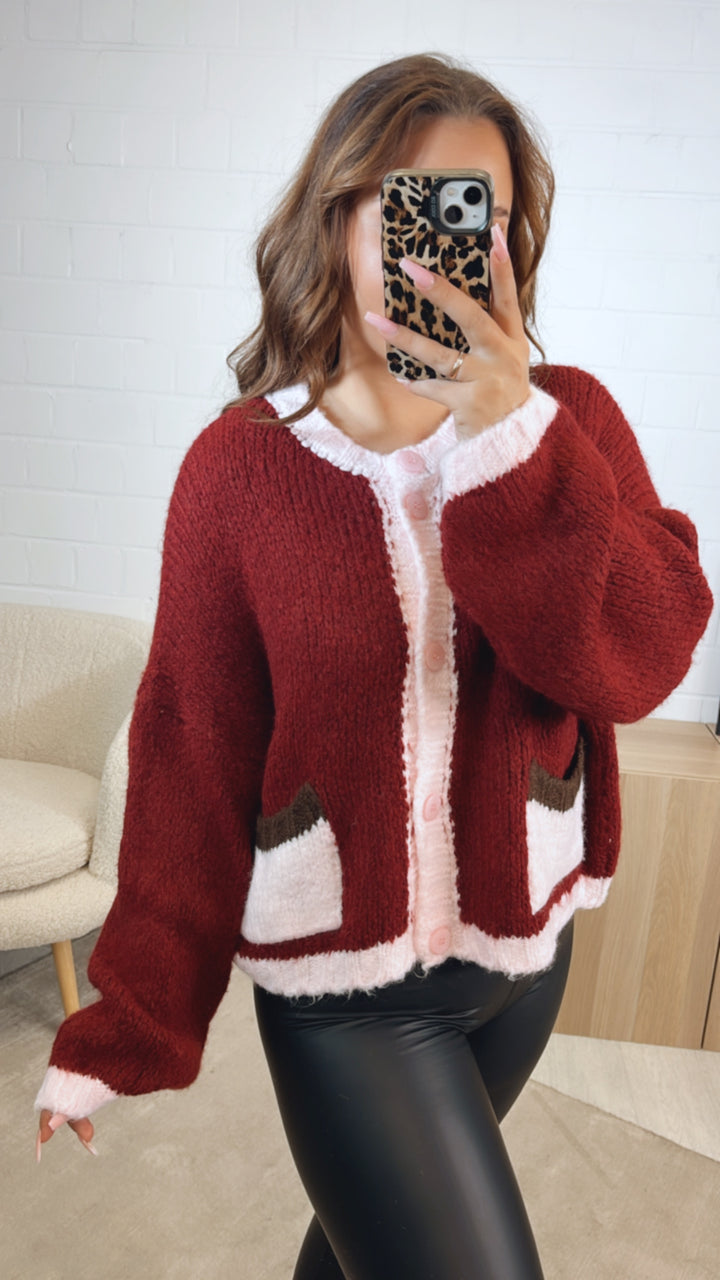 TASCHEN dreifarbiger Cardigan / bordeaux rot - rosa - dunkel braun Art. 12501