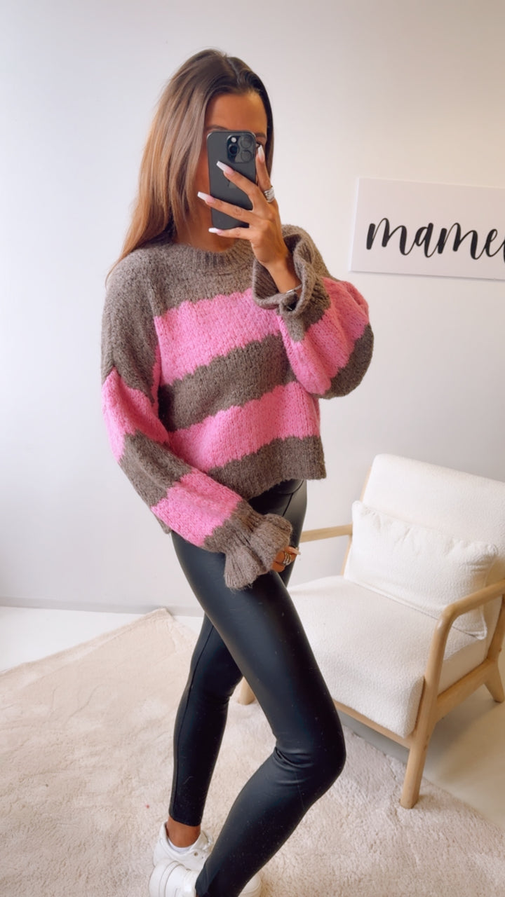 STREIFEN schlichter Strick Pullover mit abgesetztem Ausschnitt, Volantärmel / braun meliert - pink Art. 12699