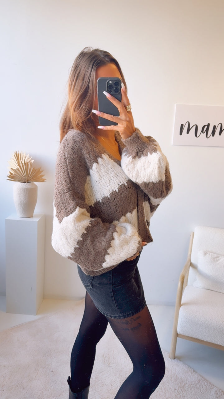 zweifarbiger, kurzer Strick Cardigan, Knöpfe / braun meliert - Creme Art. 12776 KHX