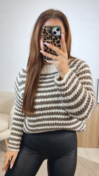 ausgefallener Strick Pullover mit Streifen / creme - braun meliert Art. 12632