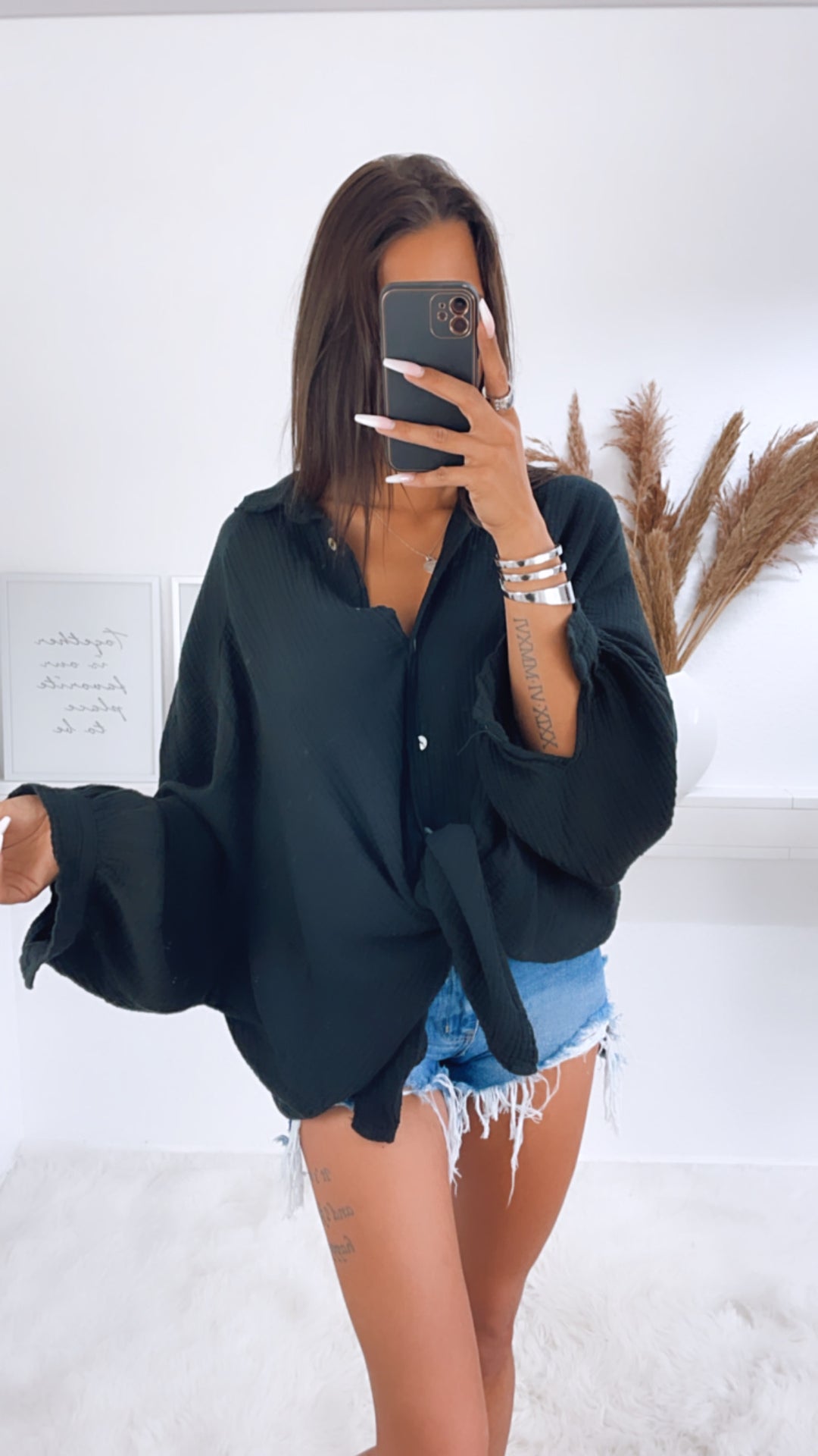 LANGE Oversize Musselin Bluse / schwarz Art. 0865