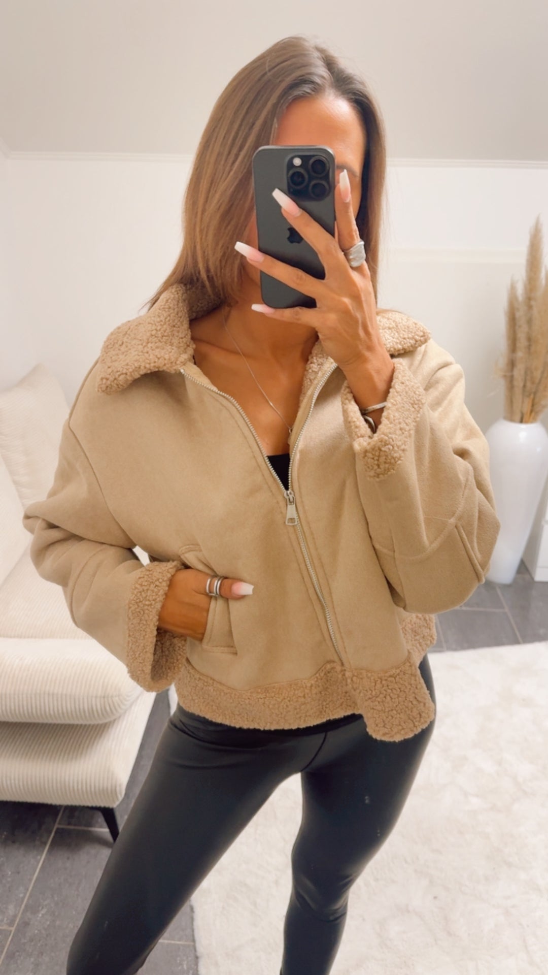 Jacke mit Teddy Akzenten / beige - camel Art. 12681