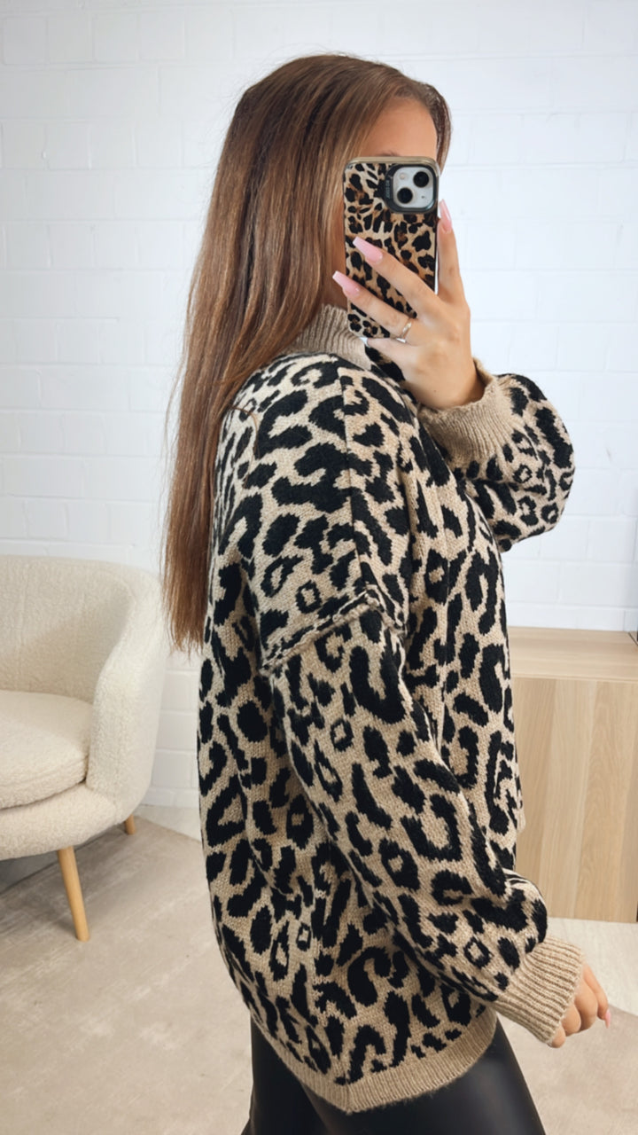 LEO Strick Pullover mit Stehkragen / camel - schwarz Art. 12631