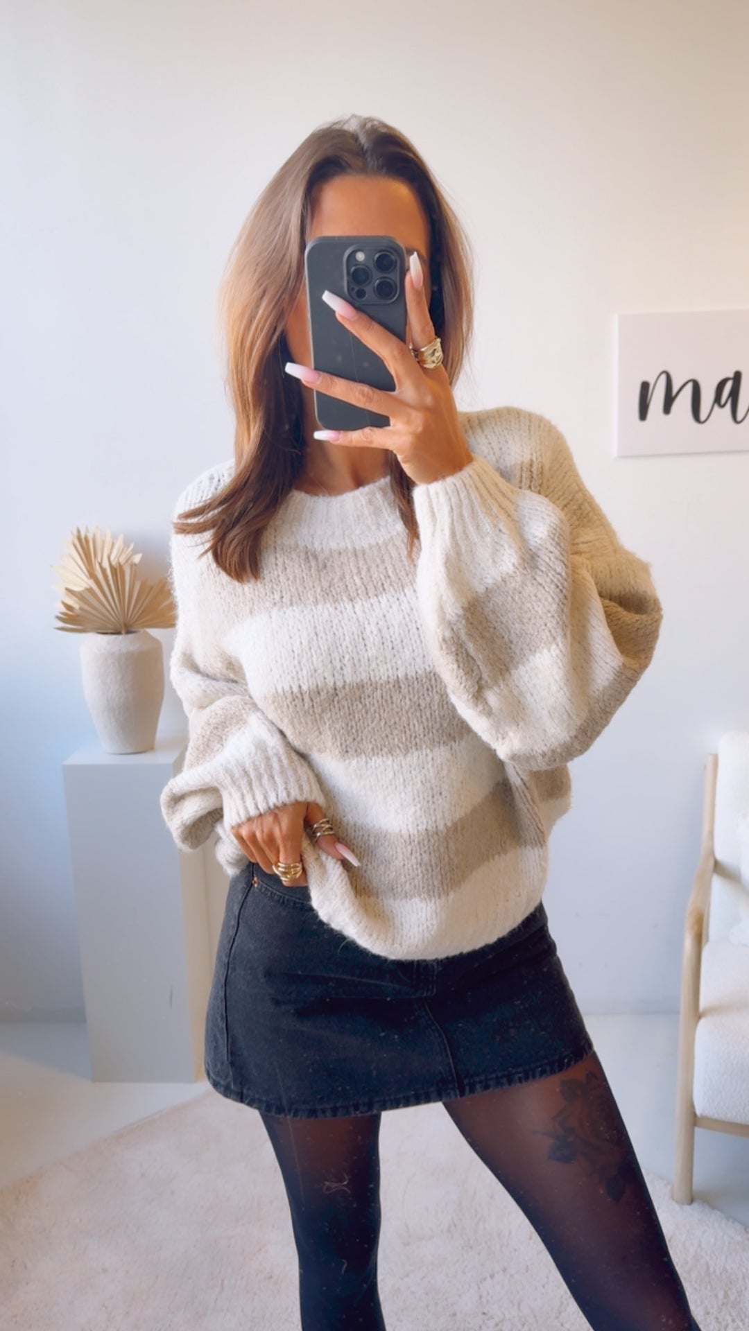 STREIFEN Strick Pullover mit abgesetztem Ausschnitt / beige - creme Art. 12778 KHX