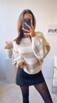 STREIFEN Strick Pullover mit abgesetztem Ausschnitt / beige - creme Art. 12778 KHX