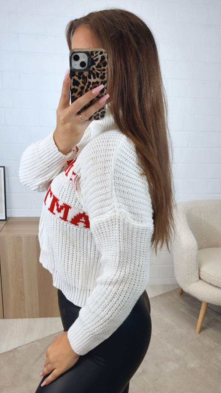 leichter Rollkragen Pullover "Merry Christmas" / weiss - rot Art. 12627