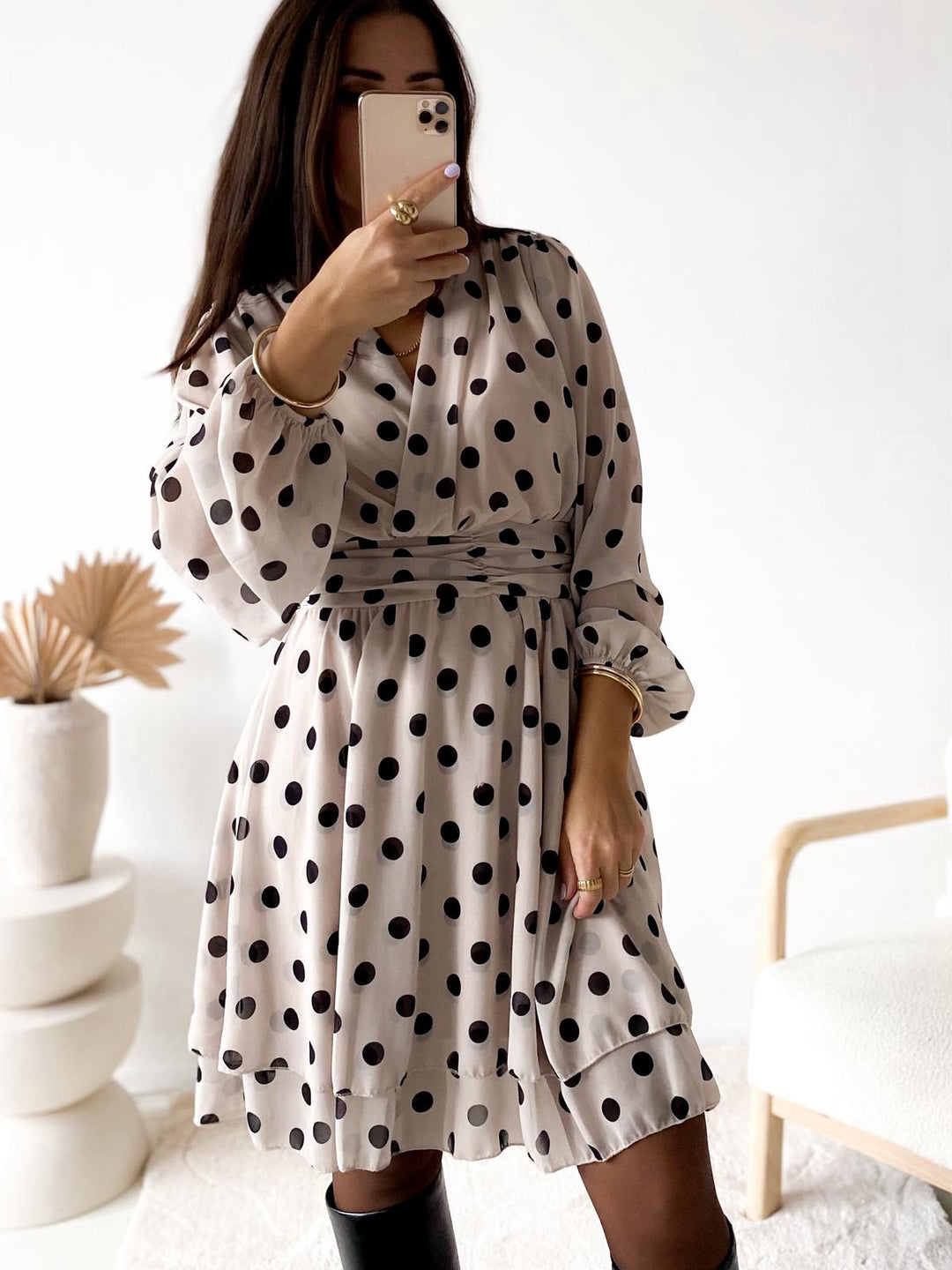 PUNKTE Chiffon Kleid / creme - schwarz Art. 12647
