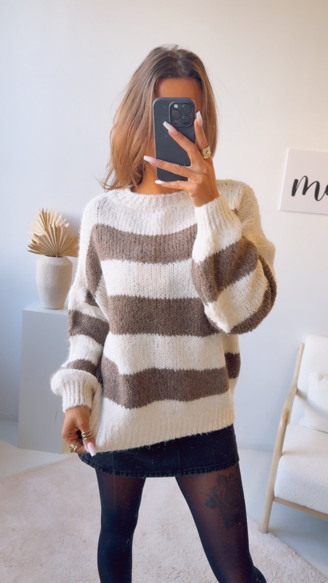 STREIFEN Strick Pullover mit abgesetztem Ausschnitt / braun meliert - creme Art. 12780 KHX