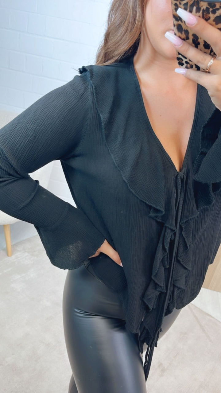 Blusen Oberteil zum schnüren, Knitteroptik / schwarz Art. 12338