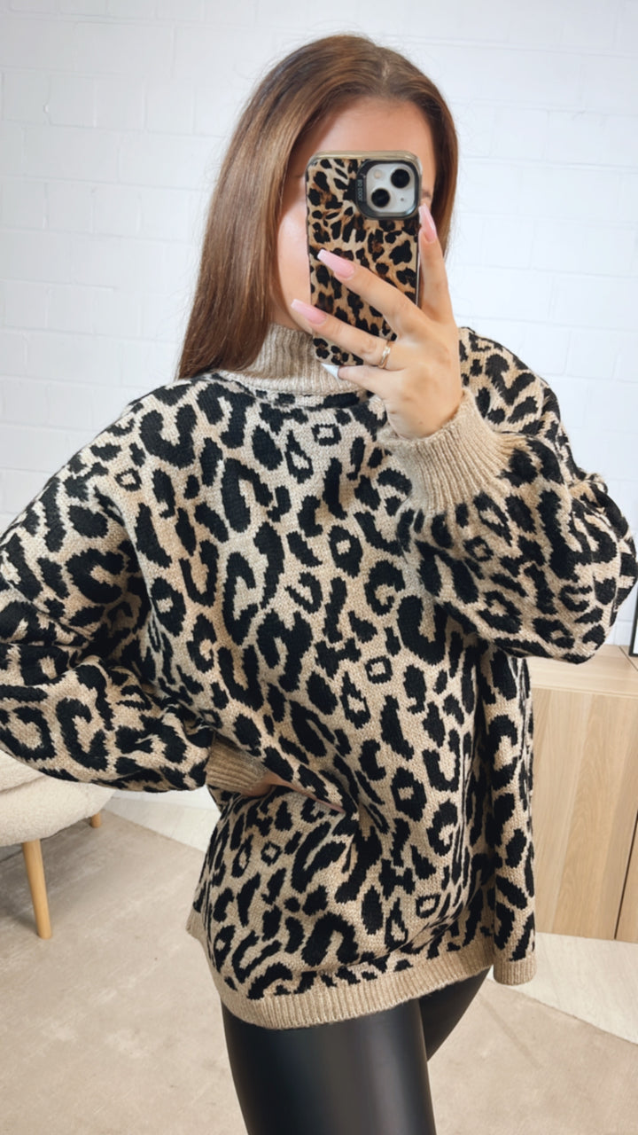 LEO Strick Pullover mit Stehkragen / camel - schwarz Art. 12631