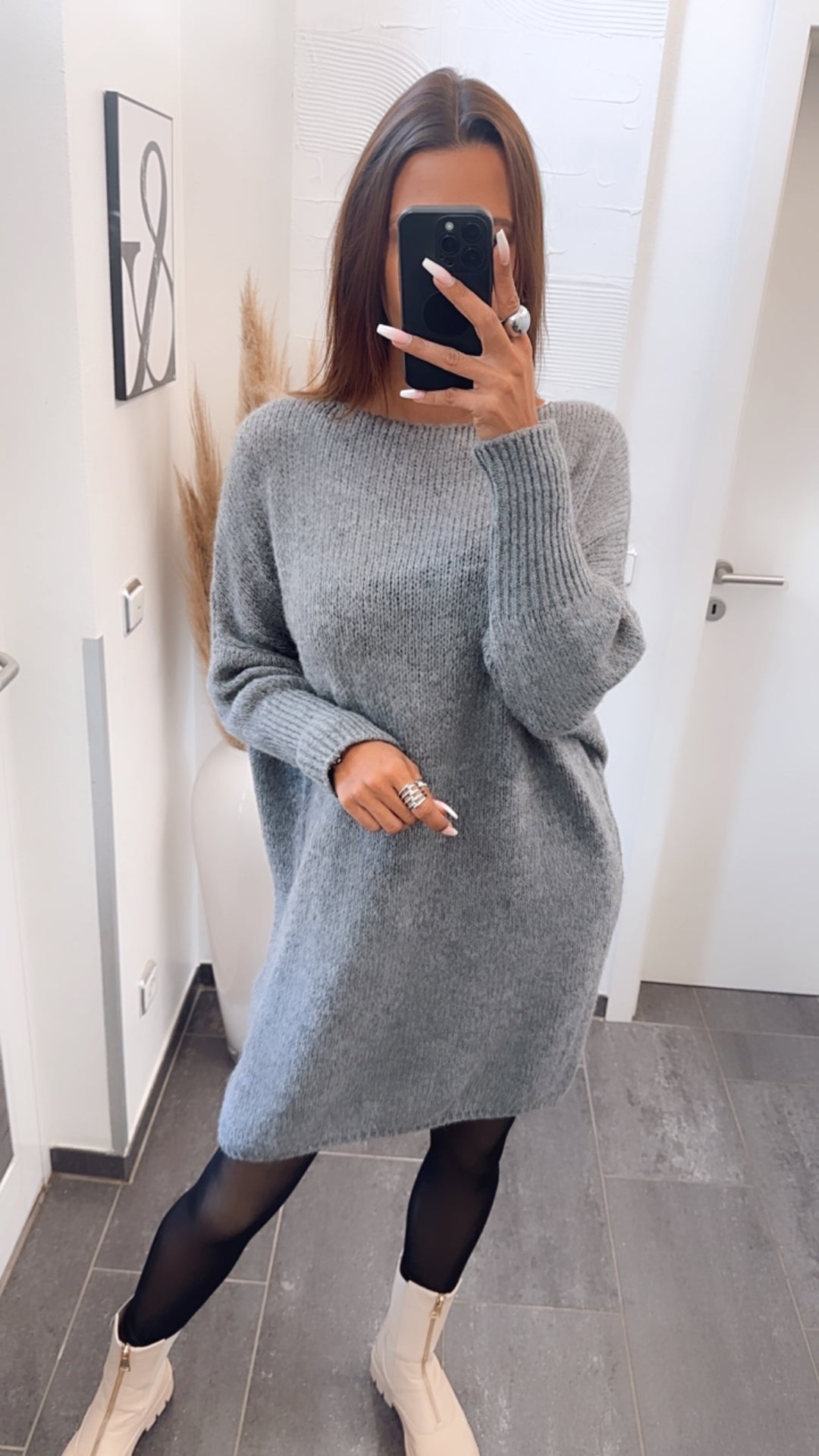 Strick Long Pullover / Kleid mit engeren Ärmeln / grau Art. 8058