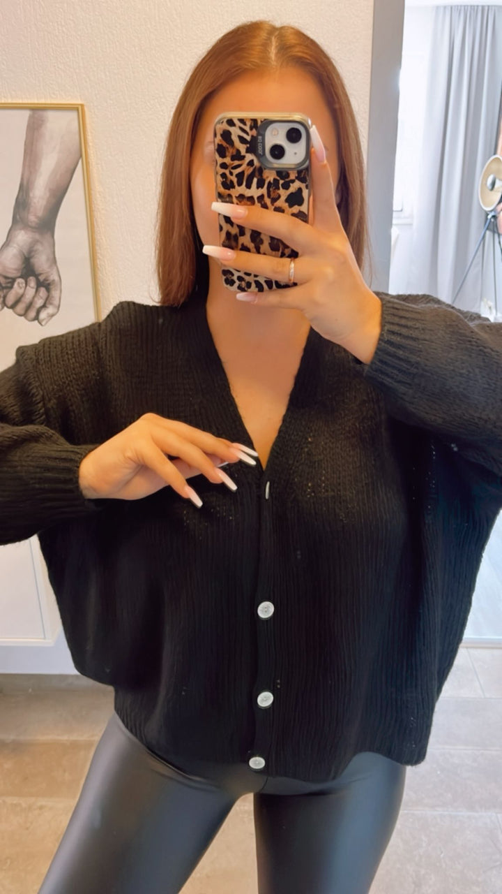 schlichter Strick Cardigan mit Perlmutt Knöpfen / schwarz Art. 12422