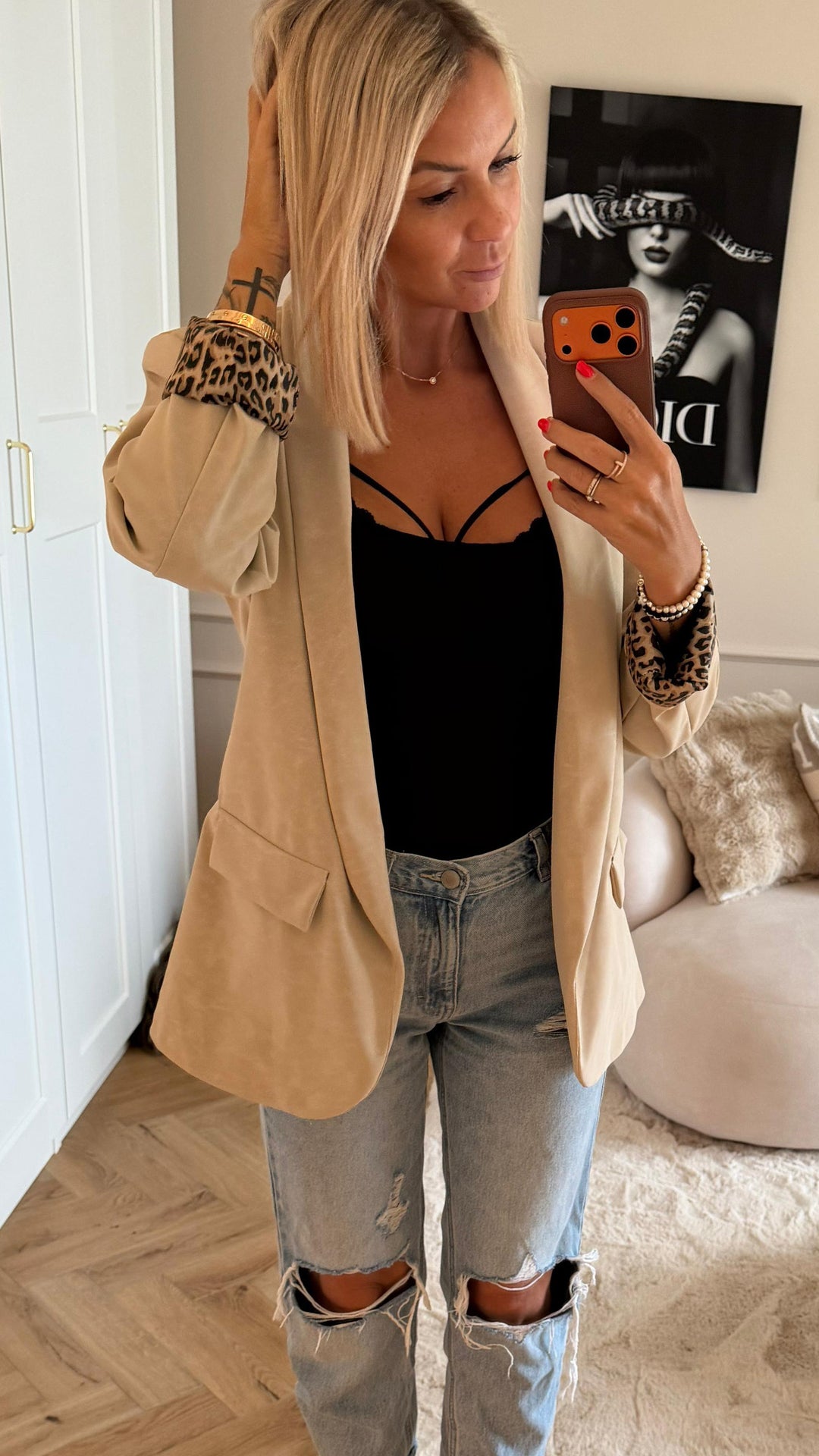SMOKE LEDEROPTIK Blazer mit Leo Akzenten, Schimmeroptik / creme - beige Art. 12676