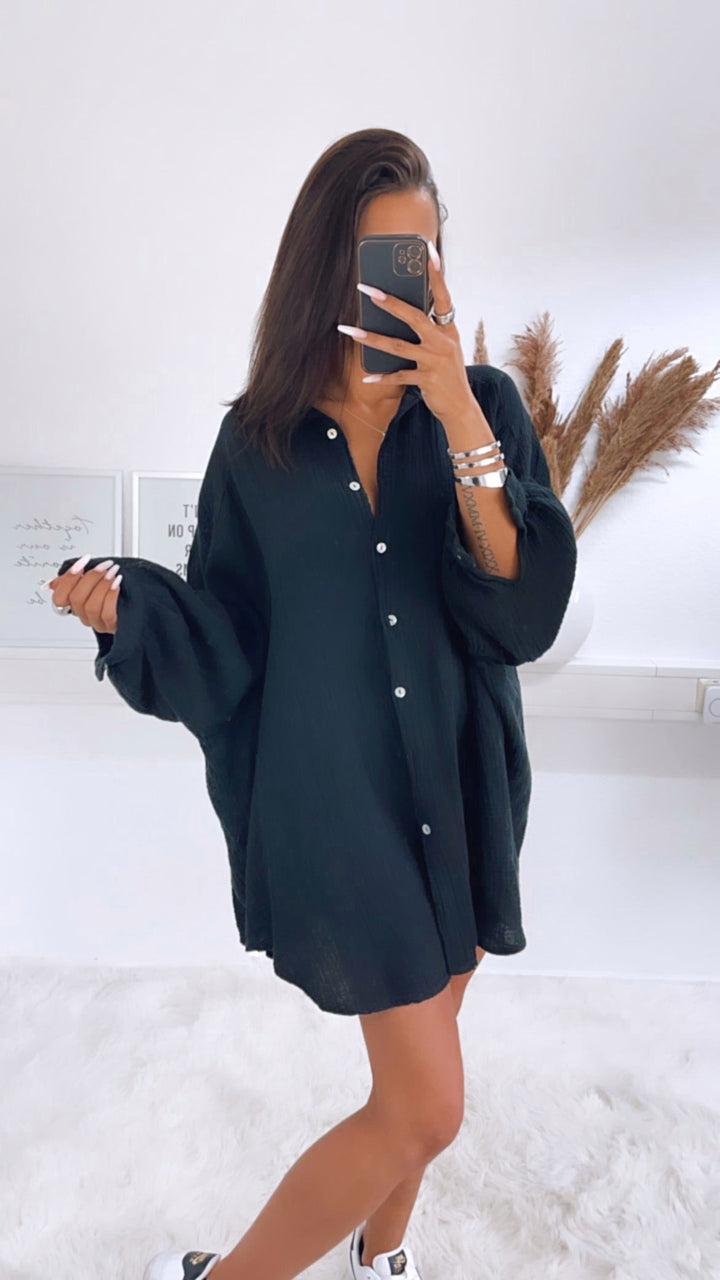 LANGE Oversize Musselin Bluse / schwarz Art. 0865