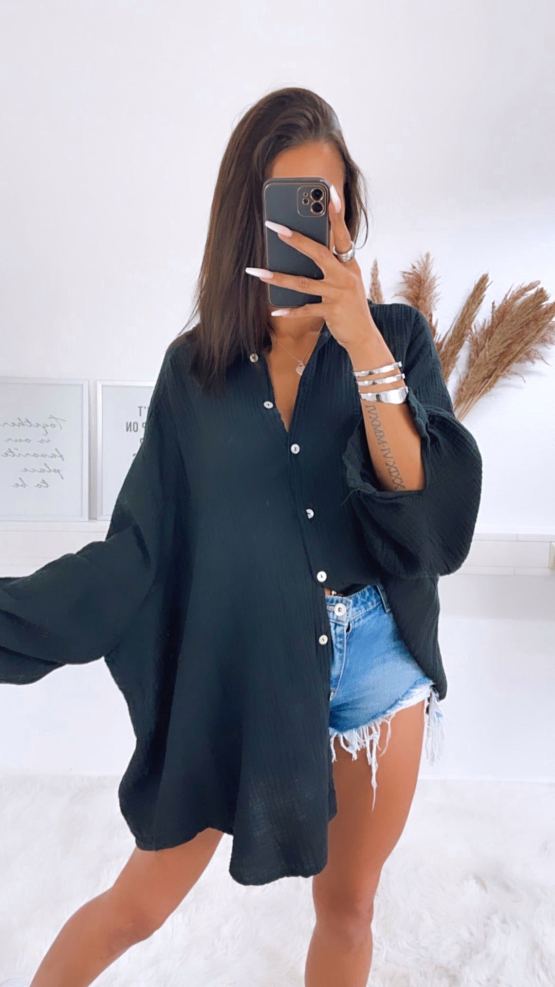 LANGE Oversize Musselin Bluse / schwarz Art. 0865