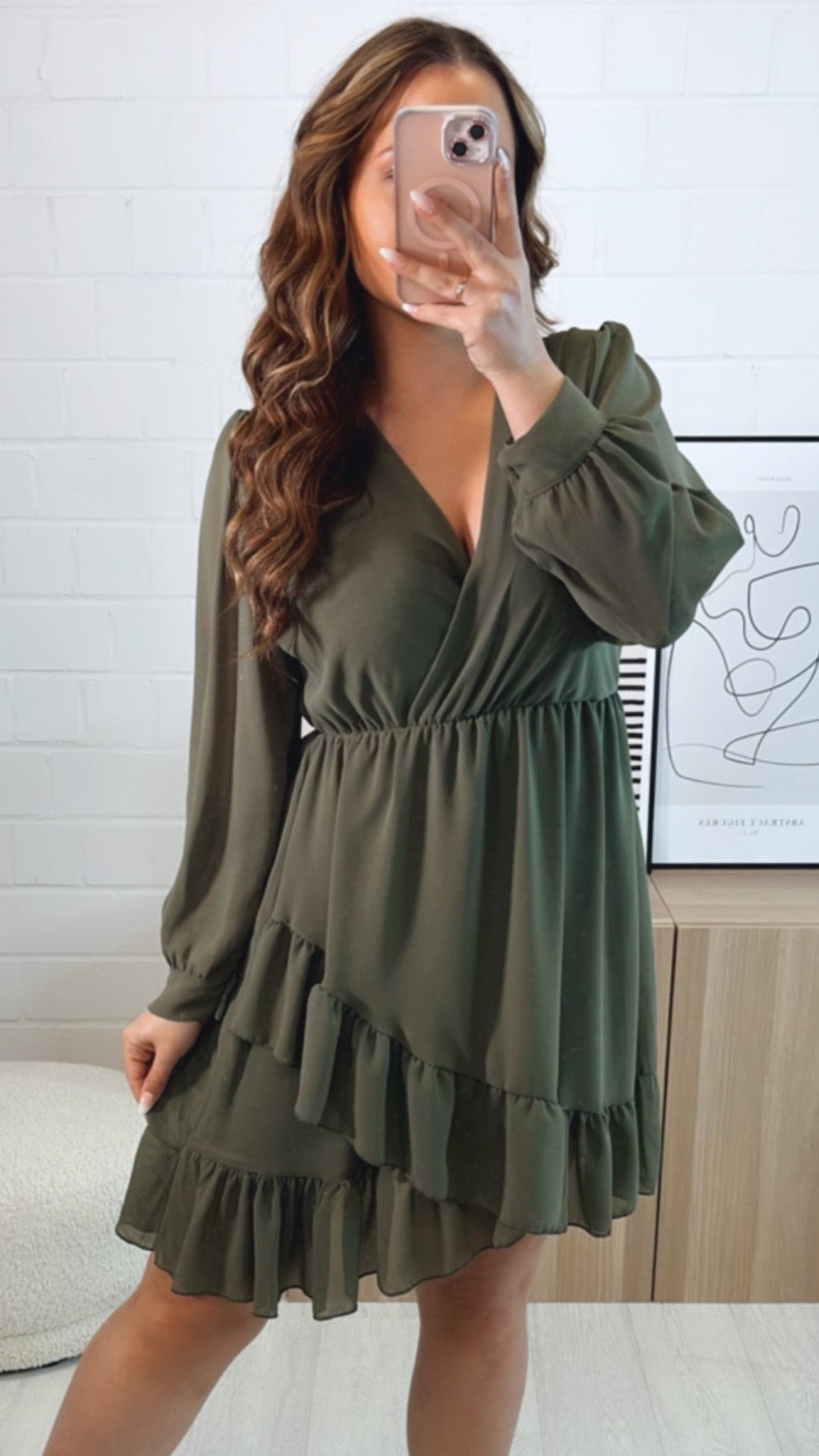 Chiffon Kleid in Wickeloptik / khaki Art. 9606