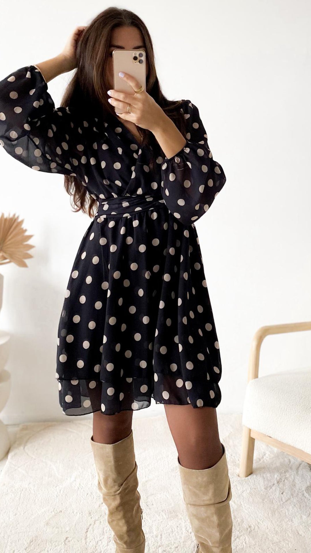 PUNKTE Chiffon Kleid / schwarz - creme Art. 12646