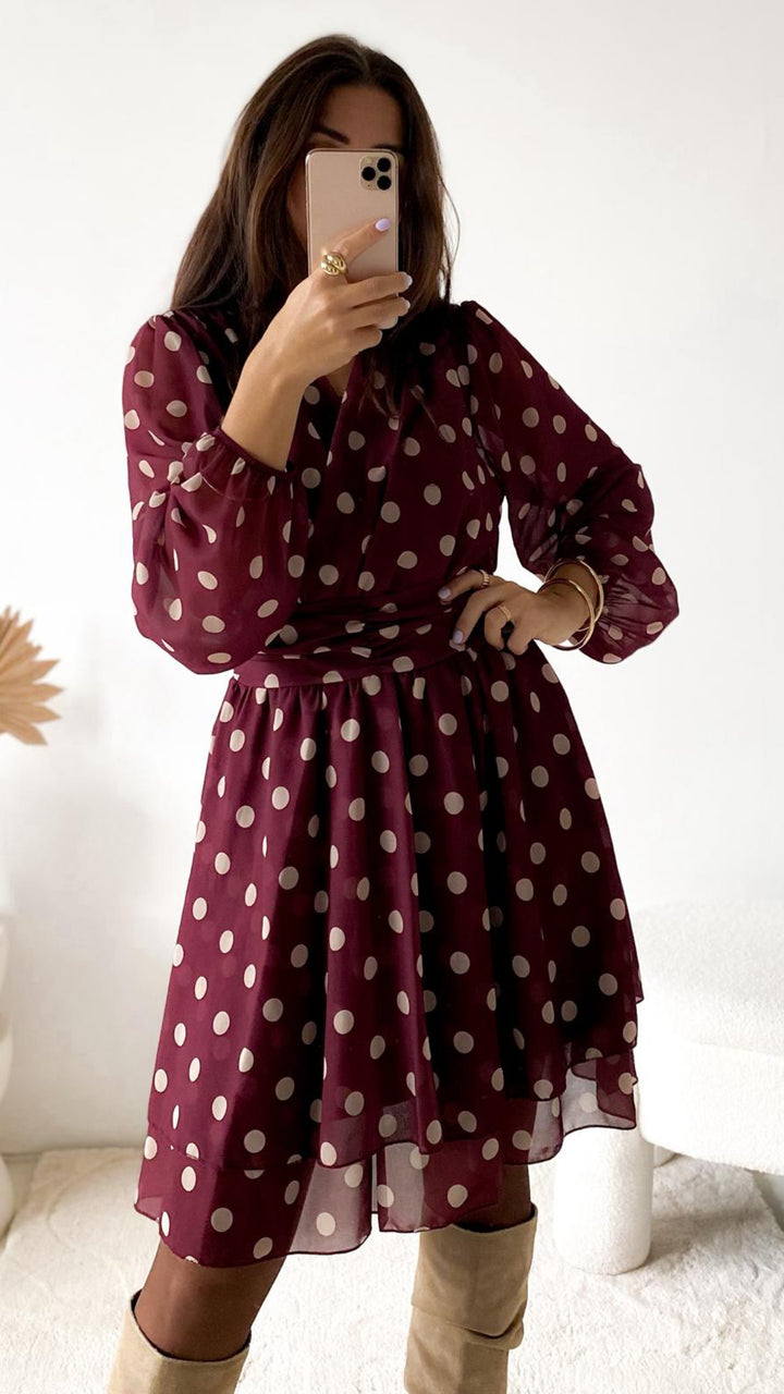 PUNKTE Chiffon Kleid / bordeaux rot - creme Art. 12645