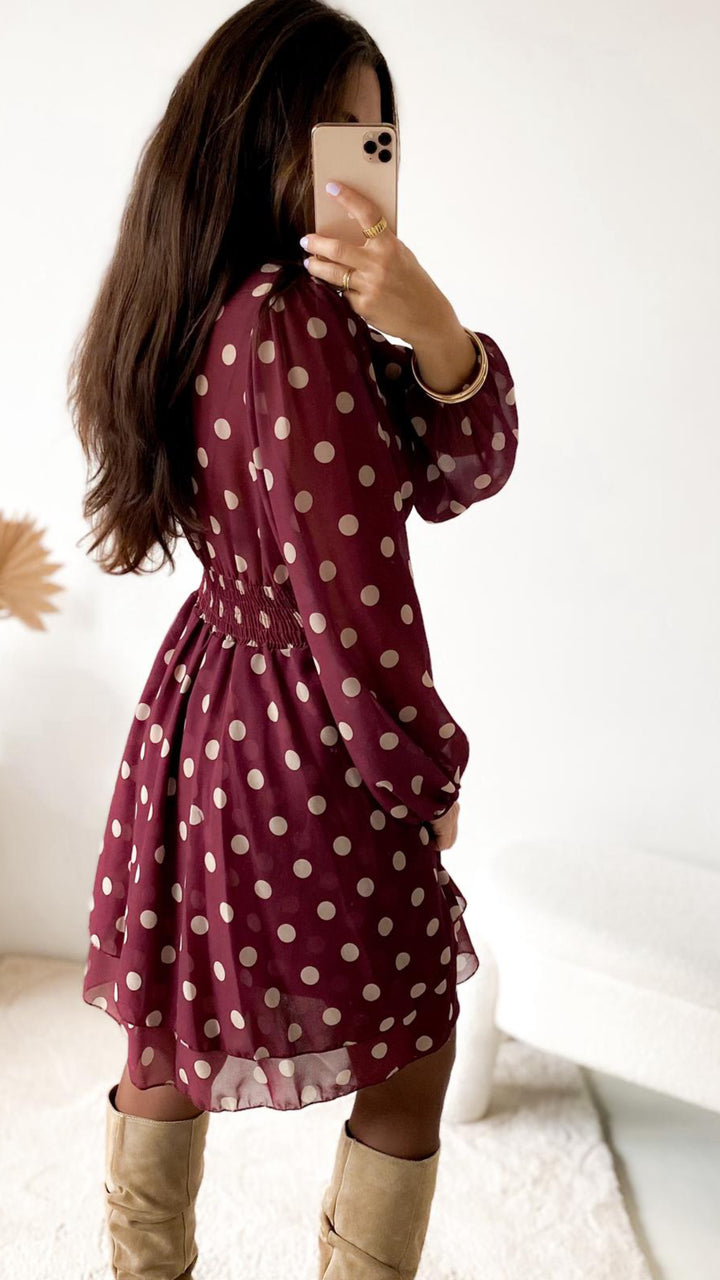 PUNKTE Chiffon Kleid / bordeaux rot - creme Art. 12645