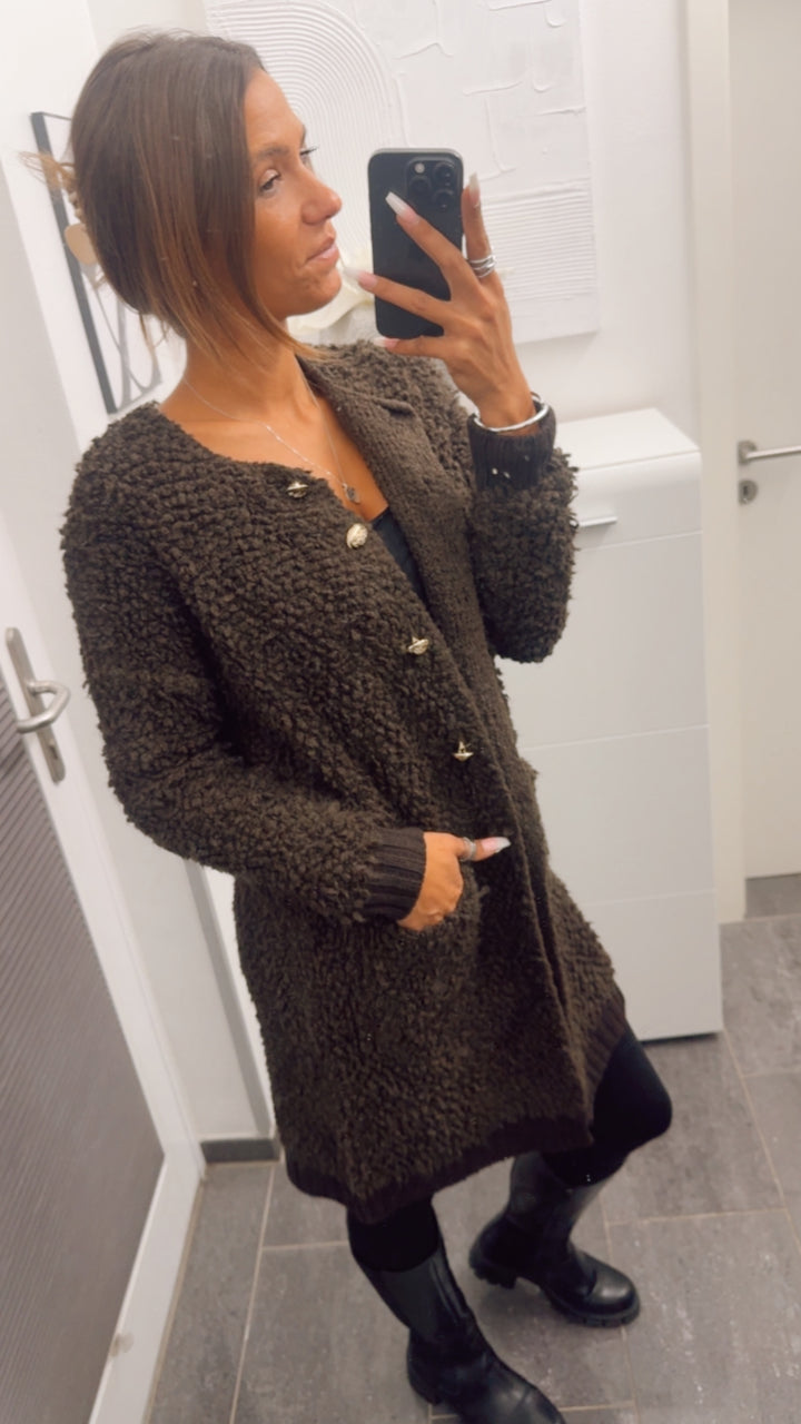 TEDDY langer Cardigan mit gold - silbernen Knöpfen, Taschen / dunkel braun Art. 12642