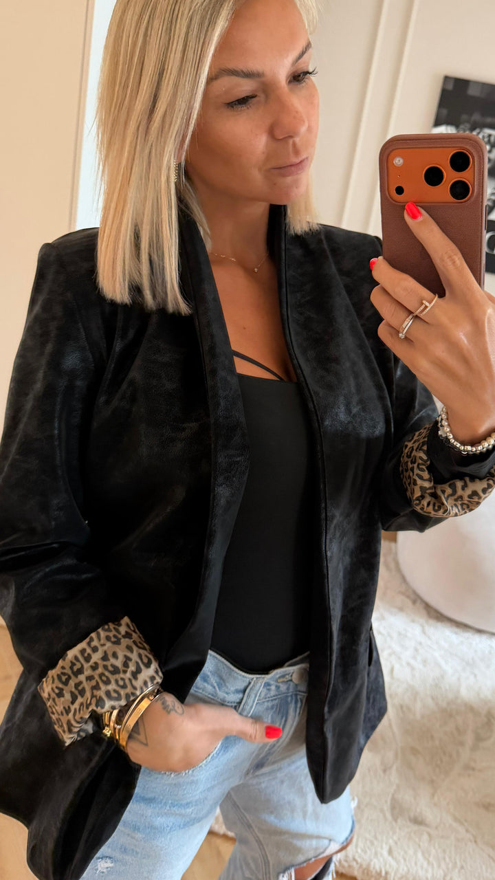 SMOKE LEDEROPTIK Blazer mit Leo Akzenten, Schimmeroptik / schwarz Art. 12683
