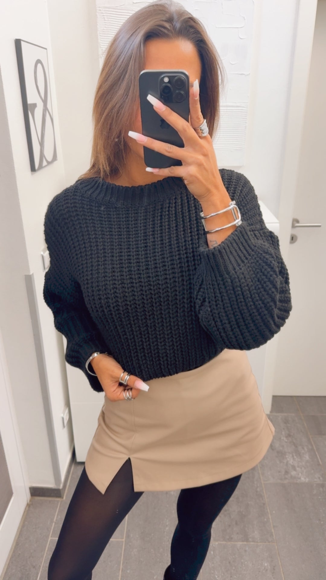 grob gestrickter Crop Pullover / schwarz Art. 12680