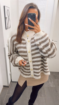 STREIFEN Kuschel Cardigan mit goldenen Knöpfen / wollweiss - braun meliert Art. 12660
