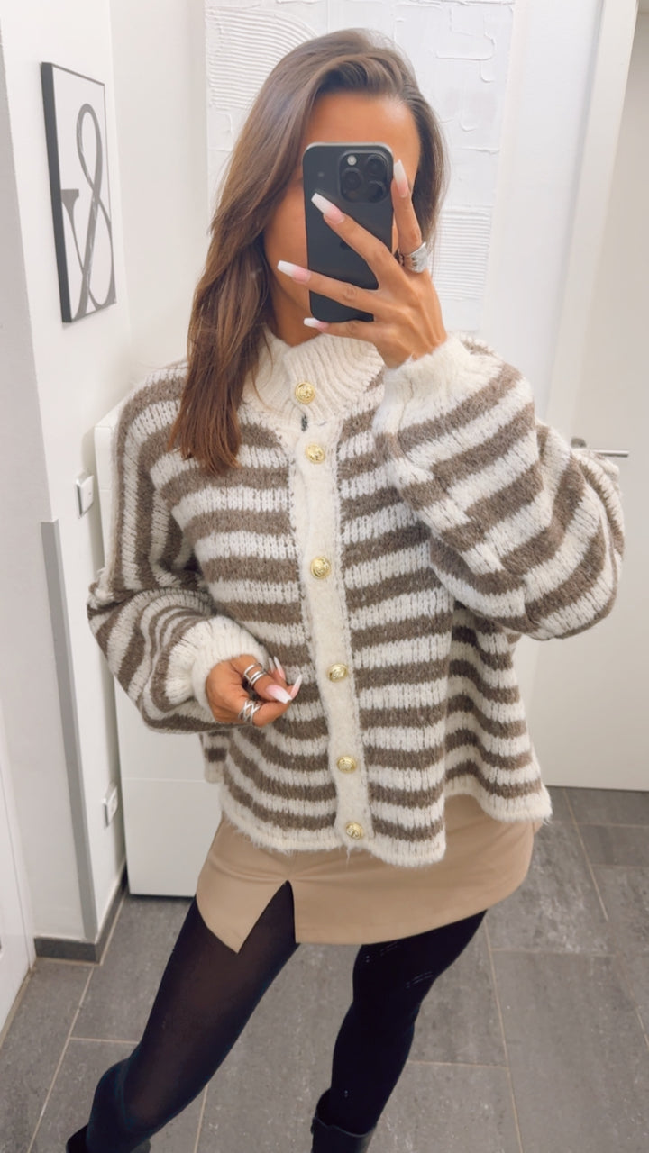 STREIFEN Kuschel Cardigan mit goldenen Knöpfen / wollweiss - braun meliert Art. 12660