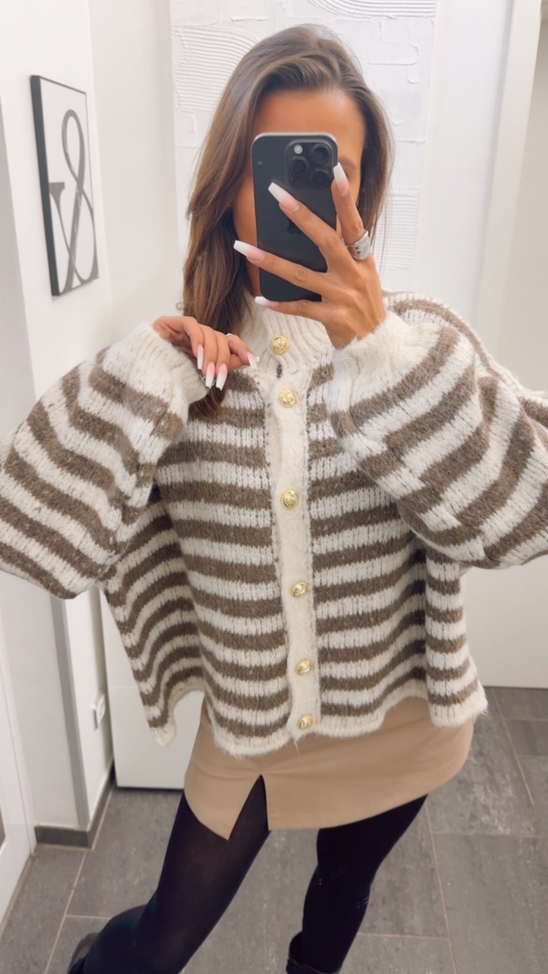 STREIFEN Kuschel Cardigan mit goldenen Knöpfen / wollweiss - braun meliert Art. 12660