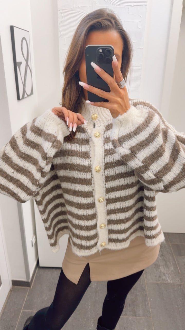 STREIFEN Kuschel Cardigan mit goldenen Knöpfen / wollweiss - braun meliert Art. 12660