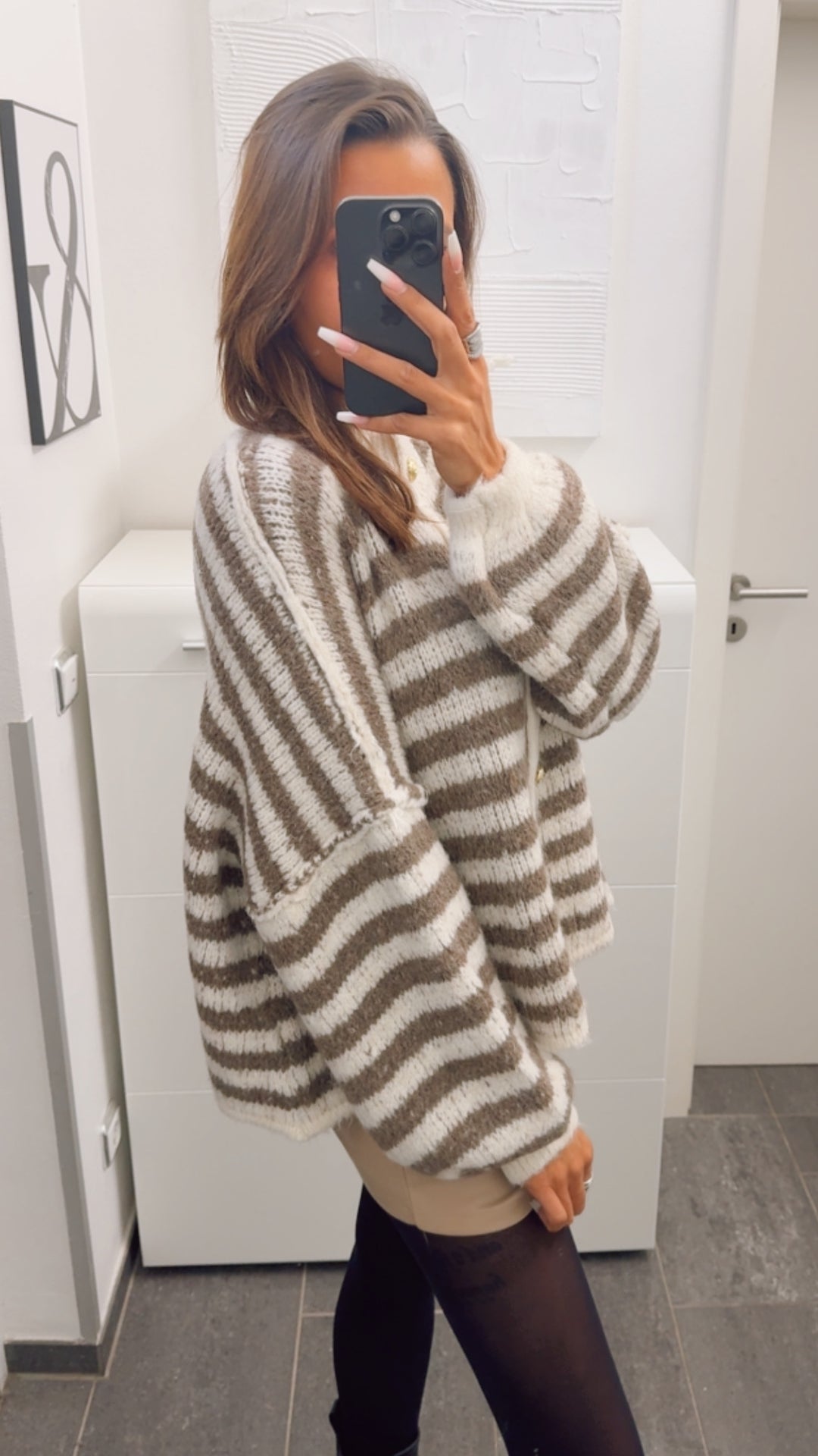 STREIFEN Kuschel Cardigan mit goldenen Knöpfen / wollweiss - braun meliert Art. 12660