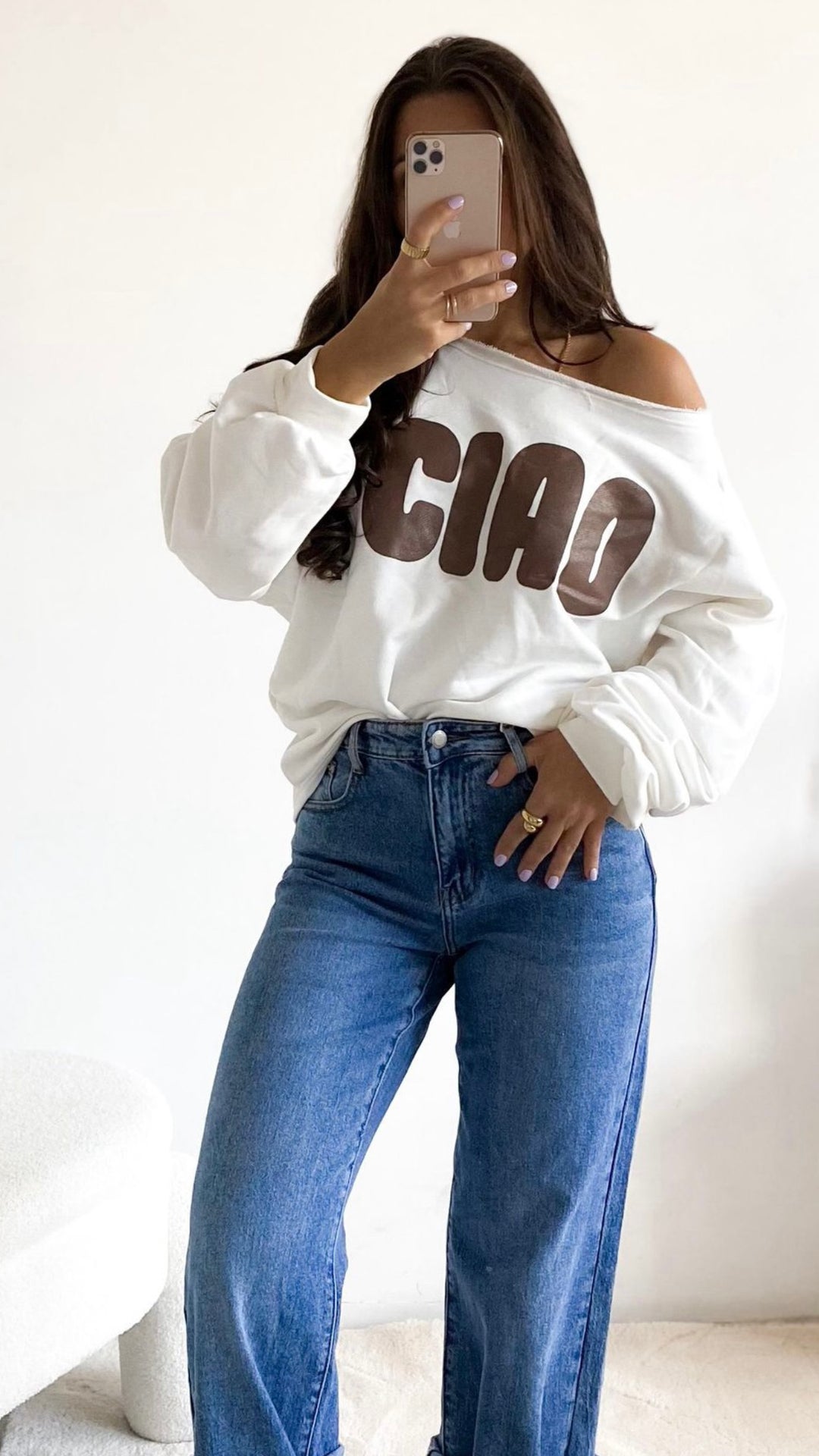 weiter Pullover " Ciao " / weiss - schoko braun Art. 12722