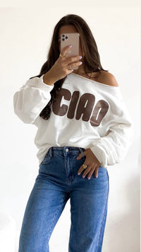 weiter Pullover " Ciao " / weiss - schoko braun Art. 12722