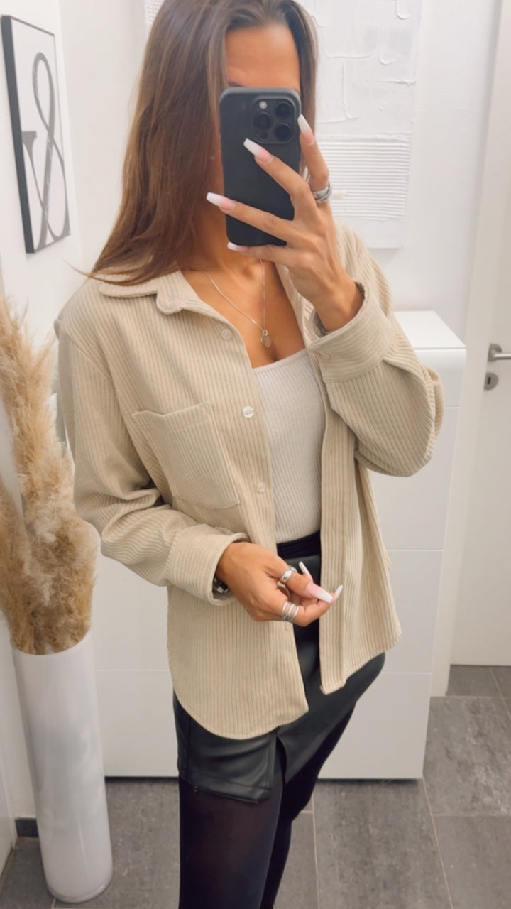 Bluse im Cord Look mit Brusttasche / beige Art. 12707