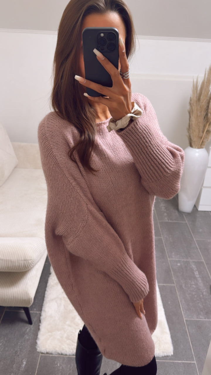 Strick Long Pullover / Kleid mit engeren Ärmeln / helle beere Art. 8772