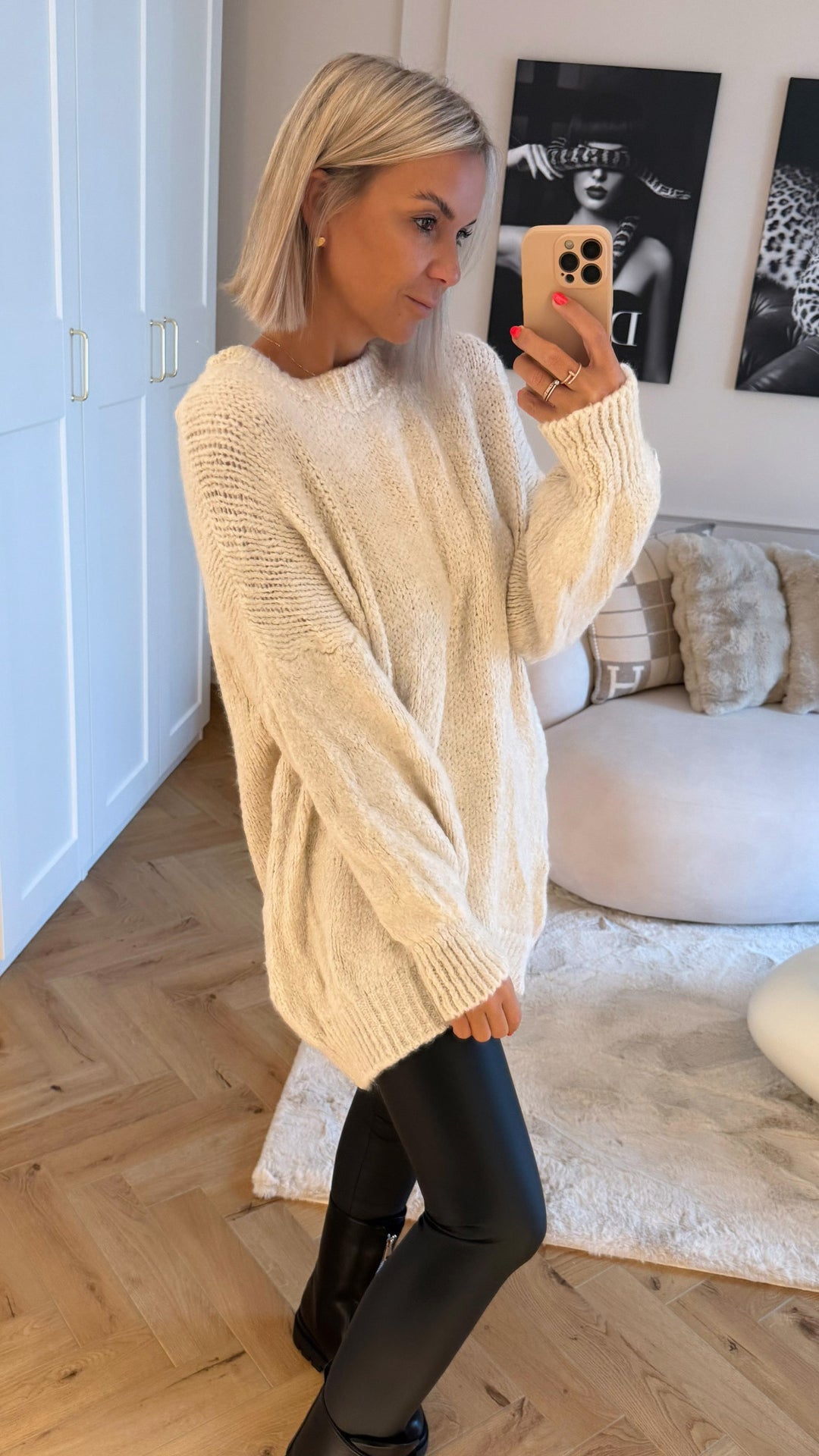 kuscheliger Long Pullover / Strickkleid mit Stehkragen / wollweiß Art. 12271