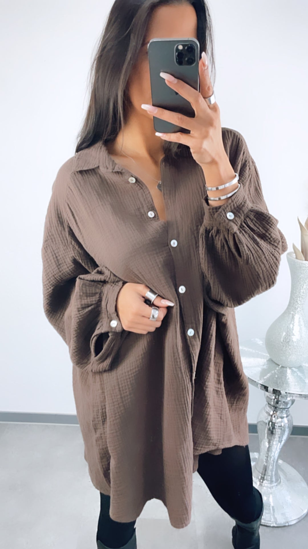 LANGE Oversize Musselin Bluse / schoko braun Art. 1818