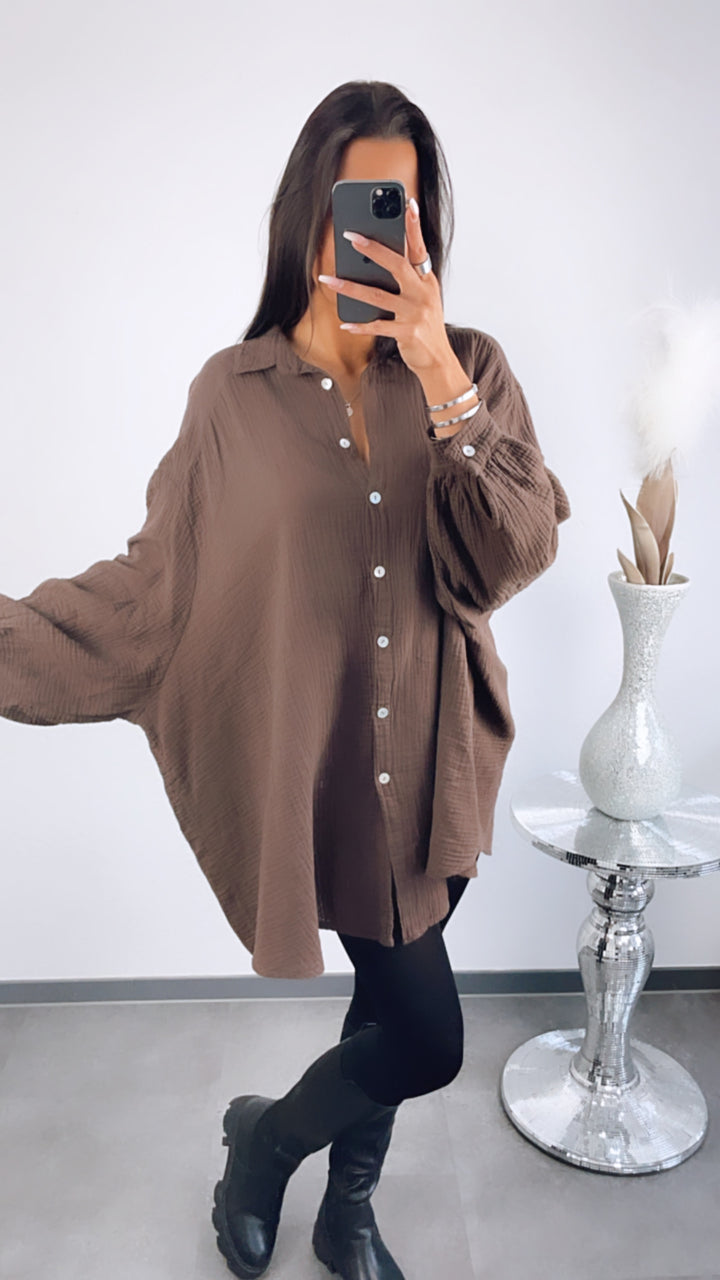 LANGE Oversize Musselin Bluse / schoko braun Art. 1818